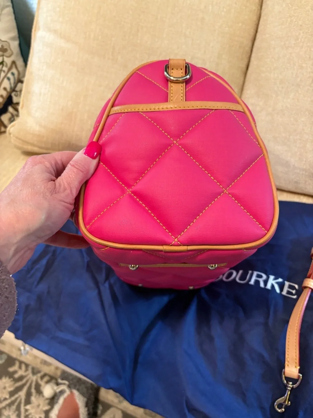 Dooney & Bourke Fuchsia Quilted Satchel with Tan Leather Trim - Picture 6 of 12